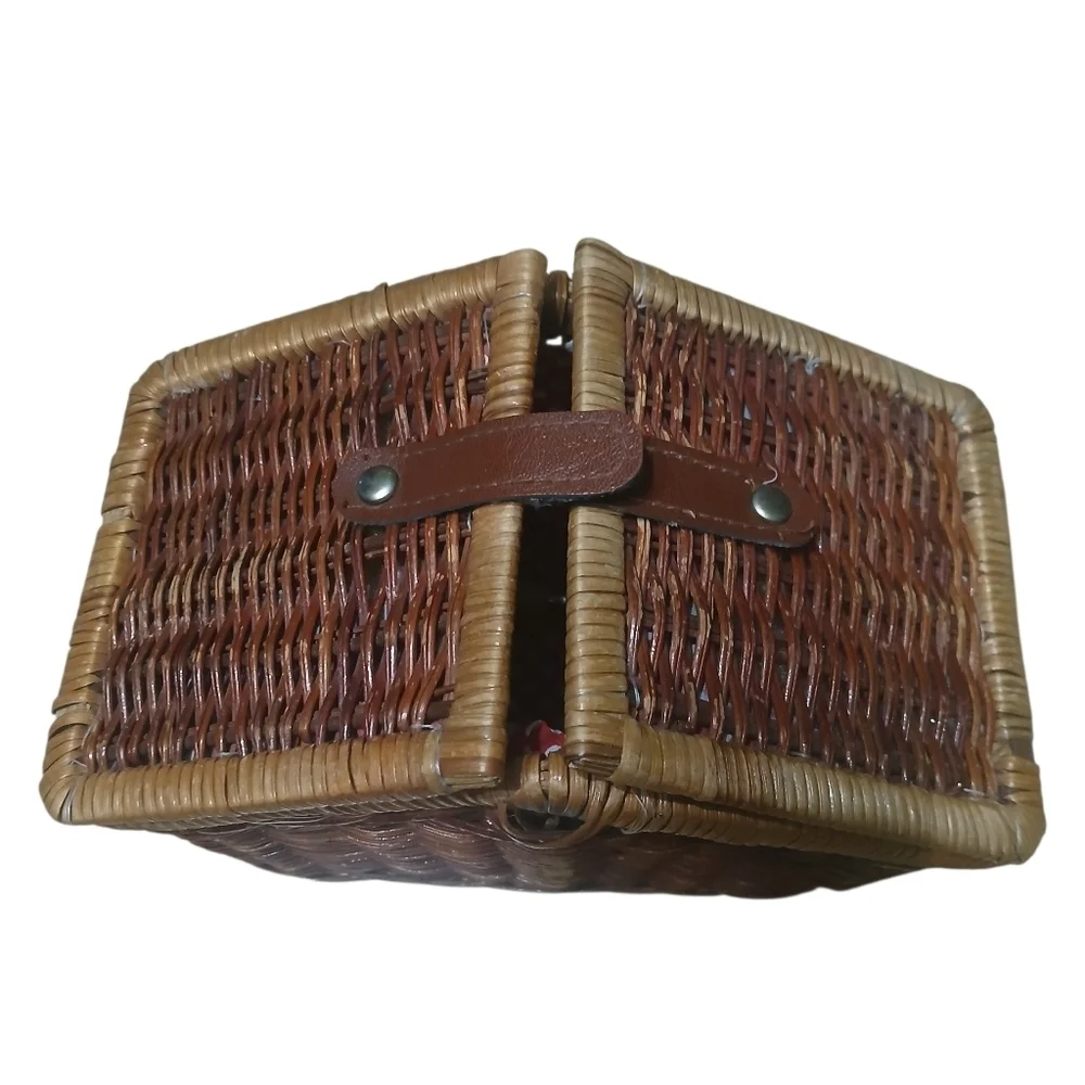 Woven Basket Wicker Leather-Look Velcro Strap Closure Red & White Polka Dot